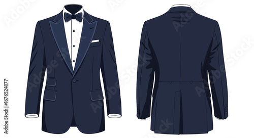 Illustration of a formal tuxedo suit ensemble showcasing elegance and design with front and back perspectives for fashion and tailoring visuals