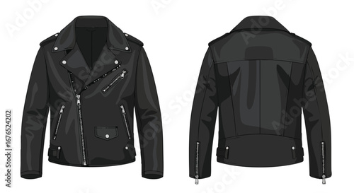 Classic black biker jacket illustration front and back showcasing its design elements and construction details for garment industry fashion projects