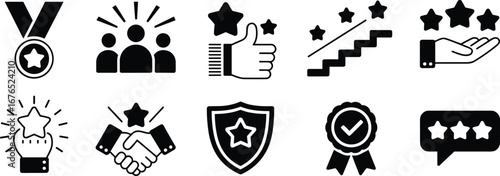 Business achievement icons, award recognition symbols, success badge illustrations, teamwork excellence graphics, leadership reward signs, quality star rating design, victory honor