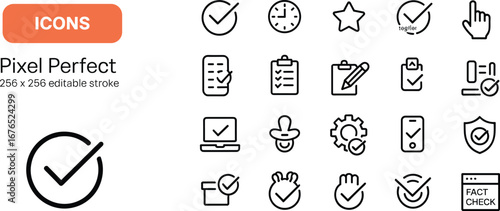 Checklist icons, task management symbols, time and clock icons, productivity tools, fact check icons, editable stroke, pixel perfect vector set