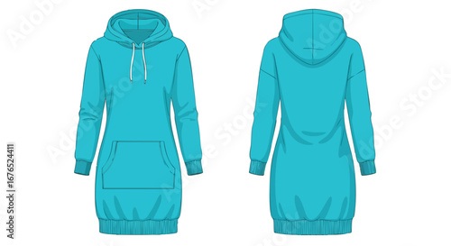 Turquoise hoodie dress, front and back view showcasing a casual design, perfect for activewear, ideal for showcasing fashion trends
