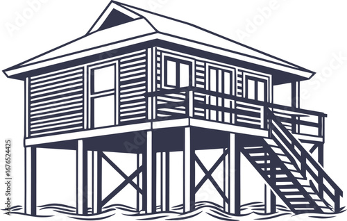 Stilt House Illustration. Elevated House Architecture Design. Tropical Stilt Home Drawing. Stilt Cabin Artwork. Wooden Stilt House Sketch. Coastal Stilt House Illustration. Traditional Stilt House