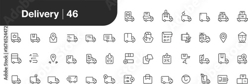 Delivery service icon set, courier truck logistics, shipping box transportation, package tracking symbols, express fast delivery icons, online shopping distribution