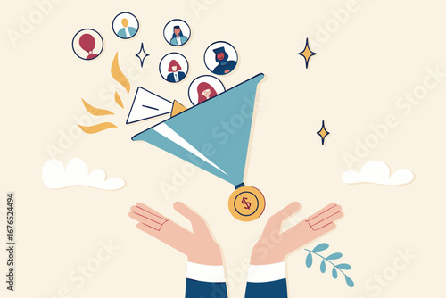 Lead generation gaining customers to convert to sales, marketing funnel conversion rate, advertising analysis concept, hand holding marketing funnel to pull potential customer and convert to sales. 