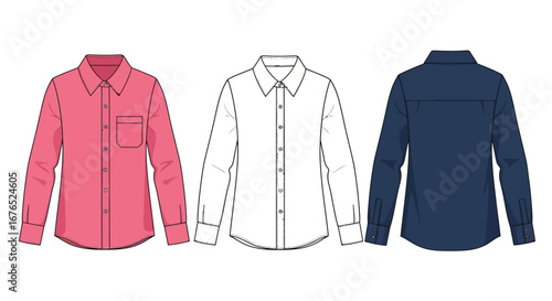 Fashion Illustration of Long-Sleeve Shirts in Pink, White, and Blue