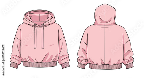Pastel Pink Pullover Hoodie Detailed Technical Fashion Illustration with Drawstrings and Ribbed Hem for Apparel Design and Style Guide