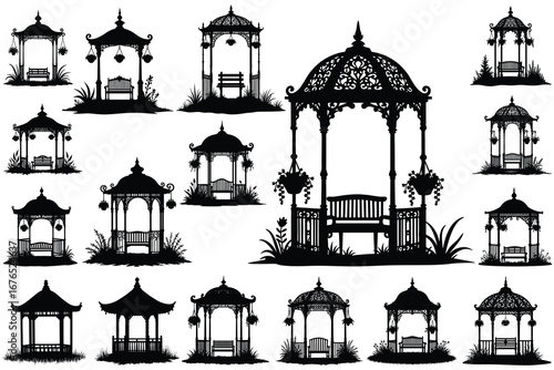 Collection of black silhouette gazebos with benches and hanging plants
