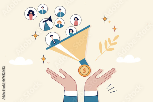 Lead generation gaining customers to convert to sales, marketing funnel conversion rate, advertising analysis concept, hand holding marketing funnel to pull potential customer and convert to sales. 