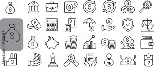 Finance banking money line icons set, investment business currency dollar euro wallet coins savings insurance payment security transaction strategy
