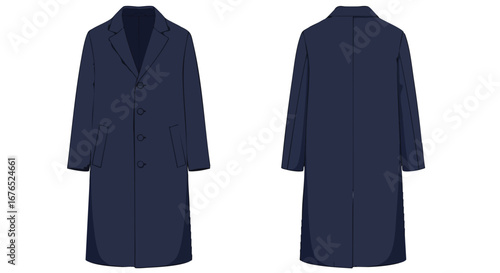 Elegant navy overcoat illustration showcasing formal wear from front and back perspectives in minimalist style