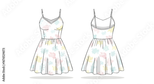 Technical drawing of a summer dress with floral patterns, showing front and back views suitable for fashion design or pattern making  applications