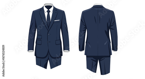 Sophisticated navy blue suit showcased from front and back perspectives, a modern formal wear presentation exhibiting sartorial elegance and design
