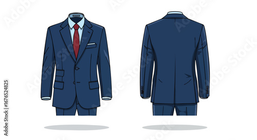 Illustrative presentation showcasing front and back views of a navy blue suit with a red tie ideal for business or formal wear design blueprint