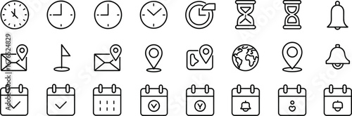 Time clock icon set, calendar date symbols, location pin, map marker, notification bell, hourglass, world globe, reminder vector illustration