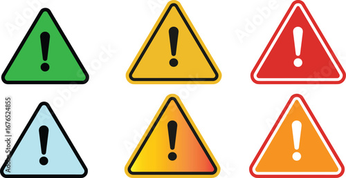 Warning triangle icons, colorful caution signs, danger alert symbols, exclamation mark illustration, hazard safety icon, risk attention graphic, emergency notice design