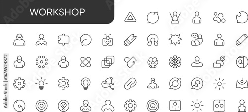 Workshop line icons set, teamwork collaboration symbols, creative idea icons, business training graphics, corporate seminar elements, professional discussion vector pack