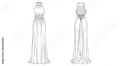 Elegant halter neck evening gown sketch with flowing skirt, detailed illustration for fashion design inspiration for bridal attire and special events