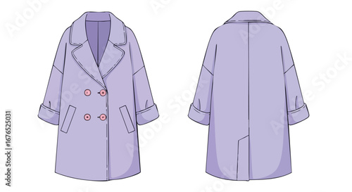 Fashionable lavender coat vector illustration showcasing front and back views with button closures and cuff details, a stylish garment design