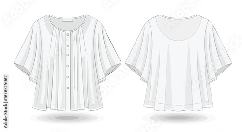 Detailed fashion flat sketch illustrating a women's flowy blouse design with front button closure and short flutter sleeves