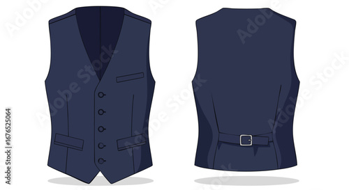 Sophisticated navy waistcoat illustration, showcasing tailored front and back details with classic buttons and adjustable strap design