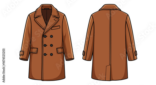 Illustration of a classic double-breasted overcoat, showcasing both front and back views in a versatile brown hue suitable for fashion design