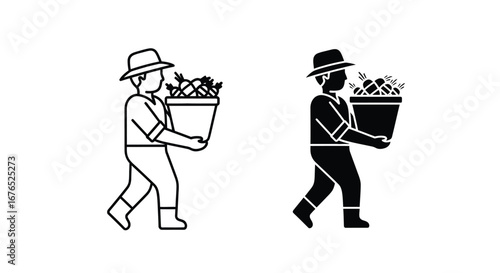 Simple Line Art Farmer Carrying Basket