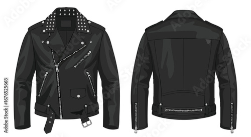 Illustration of a Classic Black Leather Biker Jacket with Metal Studs and Zipper Details Depicted Front and Back Views Apparel