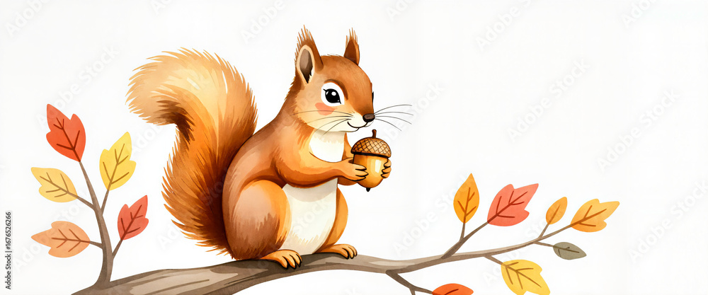 Fototapeta premium Squirrel holding acorn on tree branch, nature's bounty