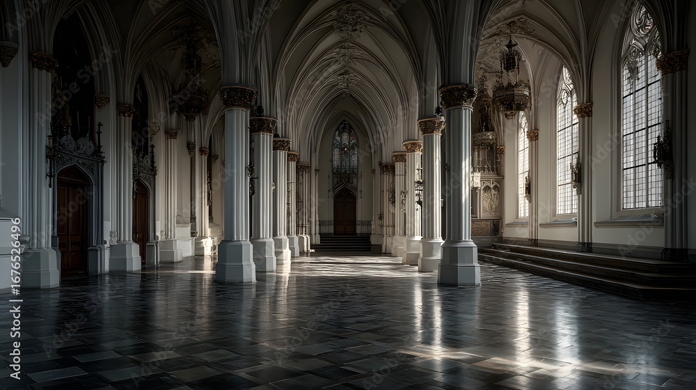 Fototapeta premium A grand, empty cathedral aisle, bathed in soft sunlight, showcasing soaring arches, elegant columns, and intricate architectural details.
