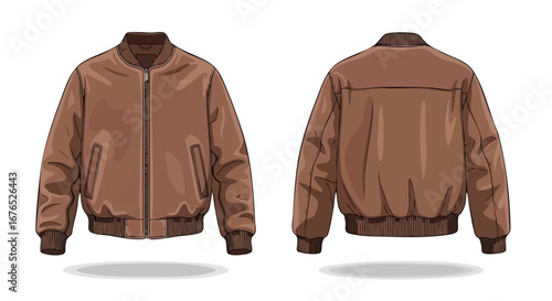 Detailed illustration of a brown bomber jacket showcasing front and back view in a clean presentation with shadows