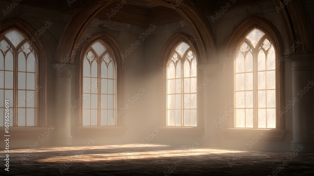 Obraz premium An expansive interior room, bathed in golden sunlight streaming through intricate Gothic arched windows, creates a serene and majestic atmosphere.