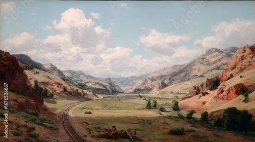 A landscape painting shows a railway winding through a valley between mountains under a cloudy sky. Greenery and rocks dominate the scene.