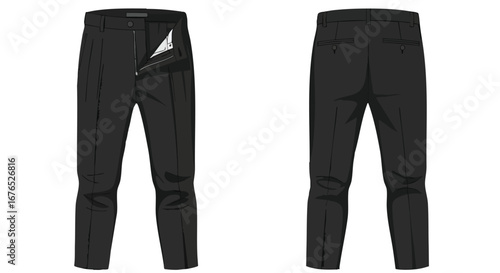 A contemporary style guide showcasing black dress pants with a modern twist: Front and back views offer versatility in fashion and design inspiration