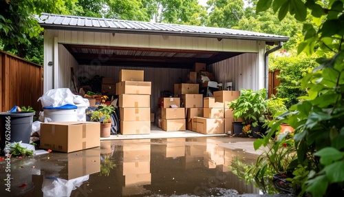 Flooded storage shed filled with boxes