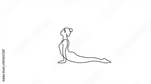 One Line Drawing Yoga Pose Bhujangasana in Simple Continuous Line Motion Animation Footage. Suitable for Healthy, Life Style, Hobby and Leisure, Sports Business Fields.