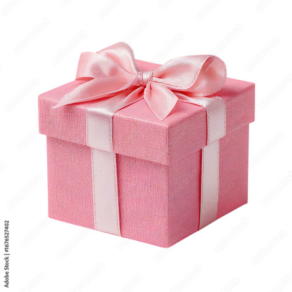 Obraz premium Pink gift box with ribbon on white background for festive and celebration design.