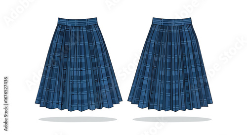 Detailed vector illustration showcasing two classic pleated blue plaid skirts, fashion design concept highlighting traditional textile patterns on a