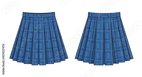 Illustration of two blue pleated skirts with a light blue plaid pattern for fashion or apparel design usage
