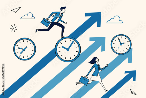 
Time management, effort or efficiency boost, productivity to finish project, teamwork or planning, multitasking or finish work within deadline concept, business people riding clock up rising arrow.