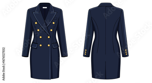Elegant navy blue double-breasted coat illustration with golden buttons showcasing front and back views, perfect for fashion design projects and