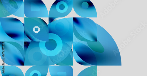 Abstract composition. Blue shapes overlap, creating dynamic visual texture. Circles, curves, gradients define modern aesthetic.