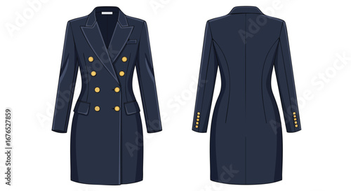 Elegant Navy Double-Breasted Dress Illustration: Front and Back Views Featuring Gold Button Accents and a Streamlined Silhouette