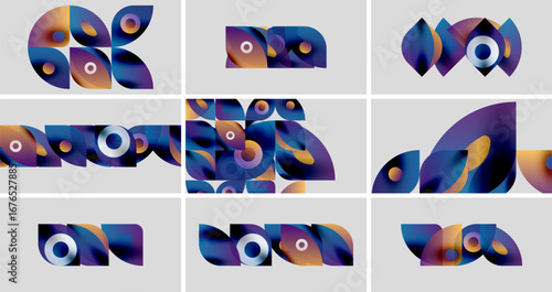 Abstract shapes, vibrant blues, purples, oranges. Geometric forms create dynamic compositions. Minimalist style, clean backgrounds.