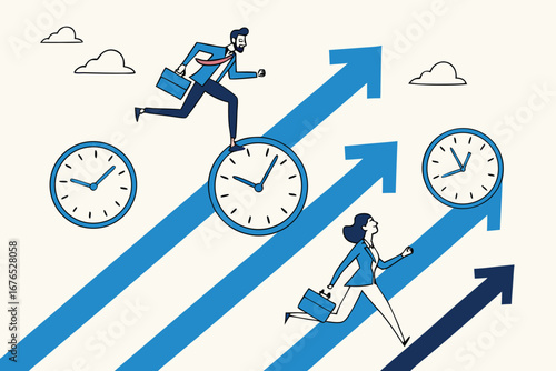 
Time management, effort or efficiency boost, productivity to finish project, teamwork or planning, multitasking or finish work within deadline concept, business people riding clock up rising arrow.