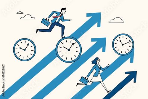 
Time management, effort or efficiency boost, productivity to finish project, teamwork or planning, multitasking or finish work within deadline concept, business people riding clock up rising arrow.