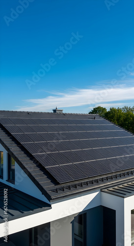Wallpaper Mural Modern house with a dark tiled roof covered in solar panels under a clear blue sky. Torontodigital.ca