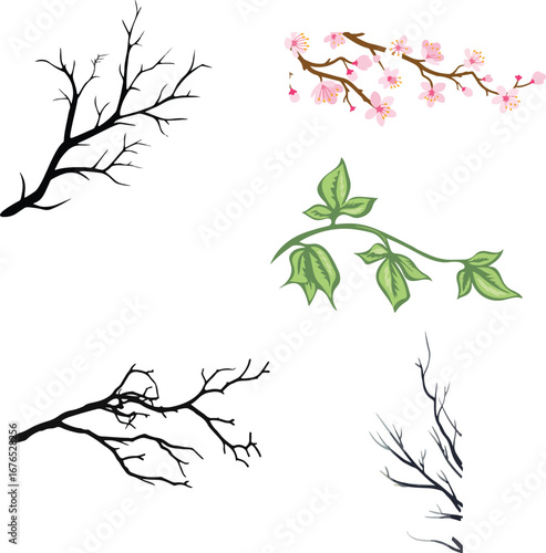 A curated set of five unique tree branch illustrations showcasing seasonal and stylistic diversity—ranging from bare minimalist forms to lush green foliage and delicate cherry blossoms.