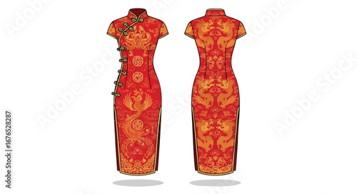 Elegant Cheongsam Dress Illustration: Traditional Chinese Attire with Intricate Phoenix Design on a Vibrant Red and Gold Fabric