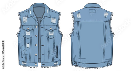 Distressed denim vest template with frayed edges and multiple rips showcasing front and back design details for fashion illustration