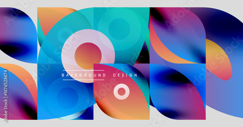 Abstract colorful shapes overlap, creating dynamic background. Vivid gradients blend, forming modern design elements. Smooth transitions dominate composition.